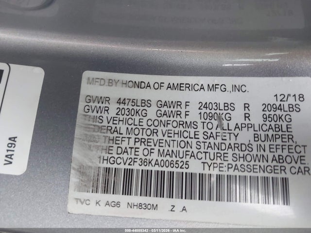 44585342 :رقم المزاد ، 1HGCV2F36KA006525 vin ، 2019 Honda Accord Sport 2.0t مزاد بيع