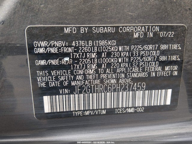 44585351 :رقم المزاد ، JF2GTHRC6PH237459 vin ، 2023 Subaru Crosstrek Sport مزاد بيع