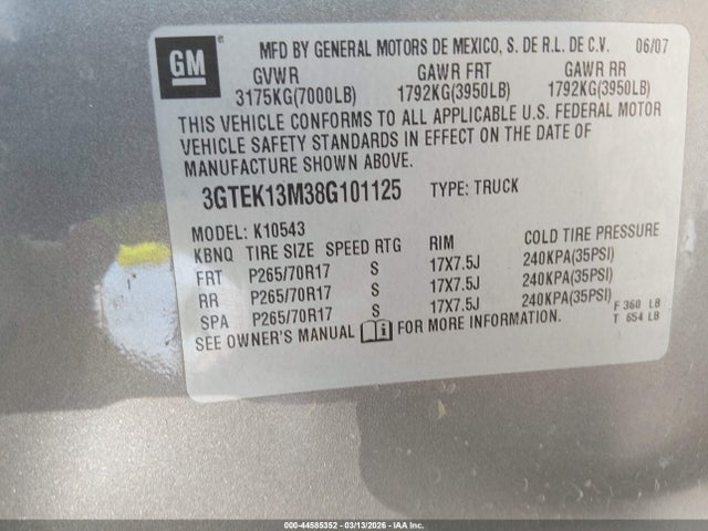 Продажа на аукционе авто 2008 Gmc Sierra 1500 Sle1, vin: 3GTEK13M38G101125, номер лота: 44585352