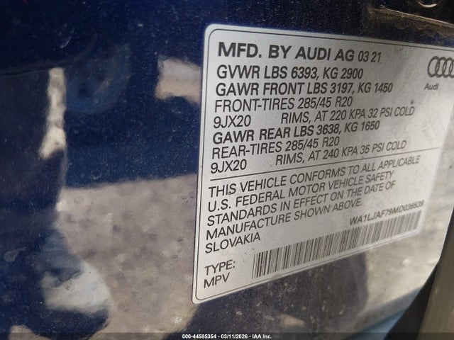 Aukcja sprzedaży 2021 Audi Q7 Premium Plus 45 Tfsi Quattro Tiptronic, vin: WA1LJAF79MD036539, numer aukcji: 44585354