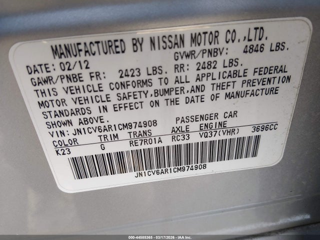 Aukcja sprzedaży 2012 Infiniti G37x, vin: JN1CV6AR1CM974908, numer aukcji: 44585365