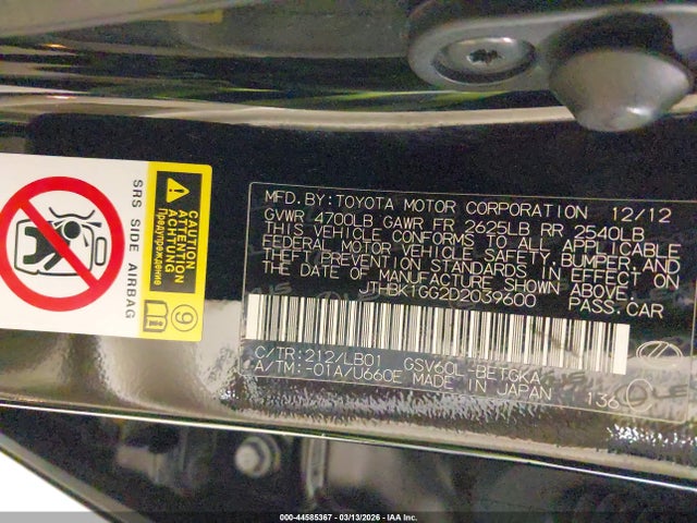 44585367 :رقم المزاد ، JTHBK1GG2D2039600 vin ، 2013 Lexus Es 350 مزاد بيع
