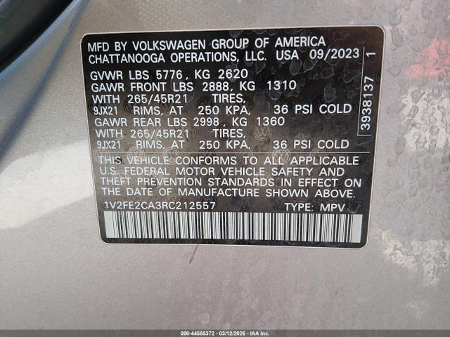 44585372 :رقم المزاد ، 1V2FE2CA3RC212557 vin ، 2024 Volkswagen Atlas Cross Sport 2.0t Sel Premium R-line مزاد بيع