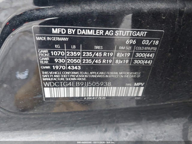 44585380 :رقم المزاد ، WDCTG4EB9JJ505938 vin ، 2018 Mercedes-benz Gla 250 مزاد بيع