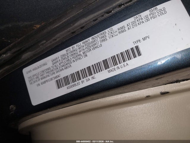 44585402 :رقم المزاد ، 4S4BP61C567348047 vin ، 2006 Subaru Outback 2.5i مزاد بيع