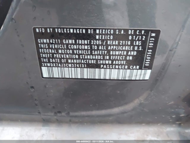 2012 Volkswagen Jetta 2.5l Se მანქანა იყიდება აუქციონზე, vin: 3VWDX7AJ3CM374131, აუქციონის ნომერი: 44585422