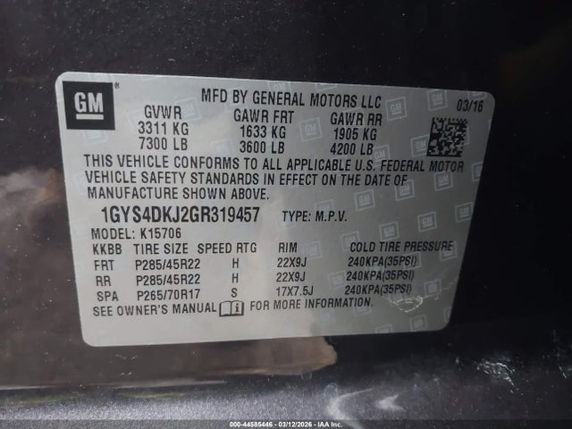 Aukcja sprzedaży 2016 Cadillac Escalade Platinum, vin: 1GYS4DKJ2GR319457, numer aukcji: 44585446