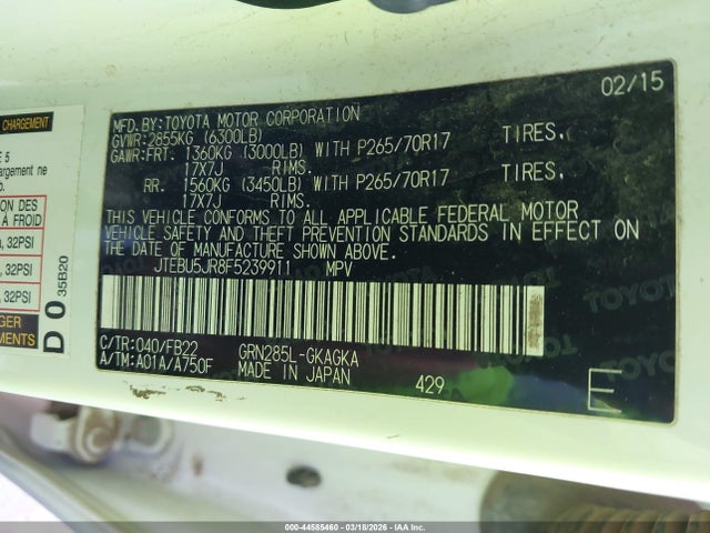 Toyota 4RUNNER SR5 2015 JTEBU5JR8F5239911 Image 9