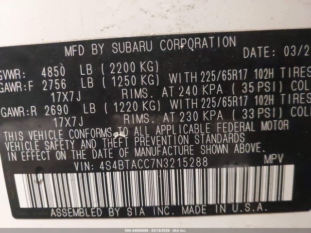 2022 Subaru Outback Premium მანქანა იყიდება აუქციონზე, vin: 4S4BTACC7N3215288, აუქციონის ნომერი: 44585469