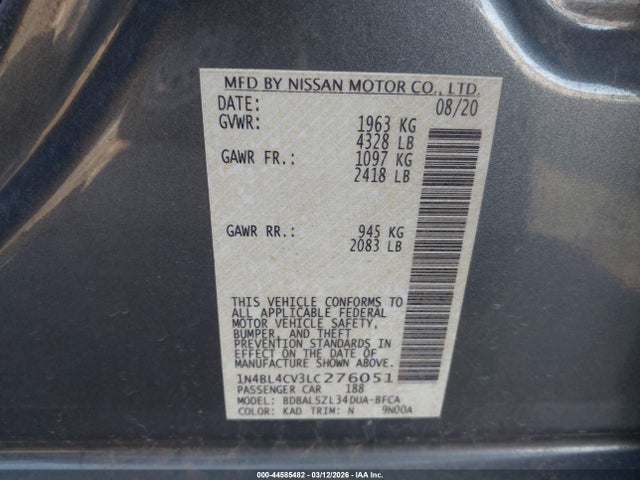 Продаж на аукціоні авто 2020 Nissan Altima Sr Fwd, vin: 1N4BL4CV3LC276051, номер лоту: 44585482