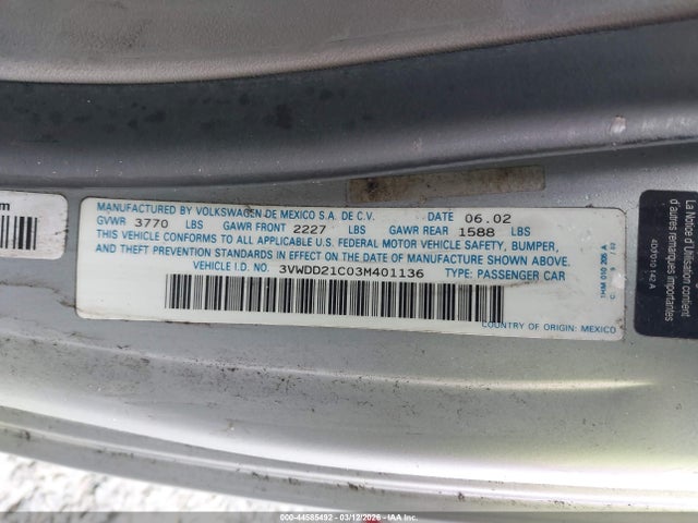 2003 Volkswagen New Beetle Glx მანქანა იყიდება აუქციონზე, vin: 3VWDD21C03M401136, აუქციონის ნომერი: 44585492