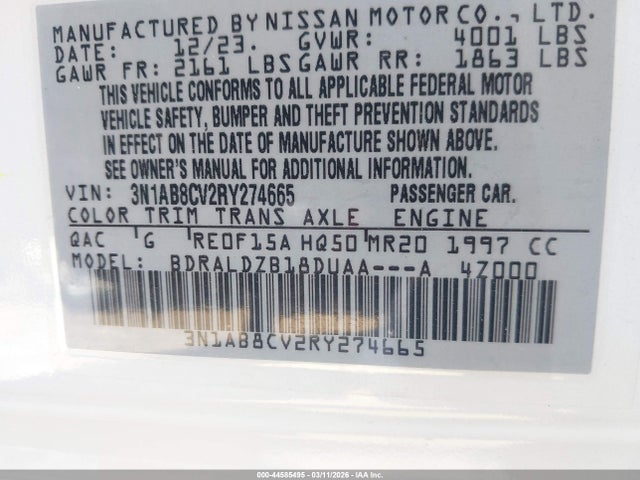 Aukcja sprzedaży 2024 Nissan Sentra Sv Xtronic Cvt, vin: 3N1AB8CV2RY274665, numer aukcji: 44585495