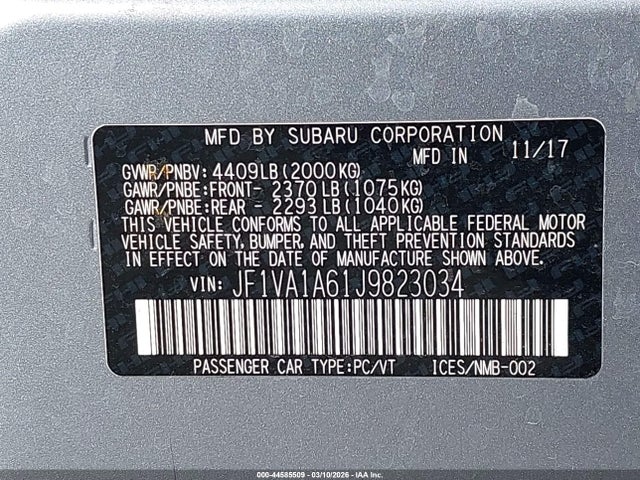 Продаж на аукціоні авто 2018 Subaru Wrx, vin: JF1VA1A61J9823034, номер лоту: 44585509