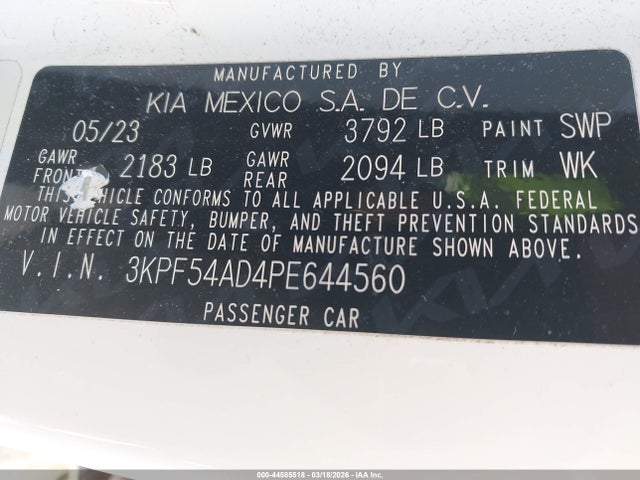 Aukcja sprzedaży 2023 Kia Forte Gt-line, vin: 3KPF54AD4PE644560, numer aukcji: 44585518
