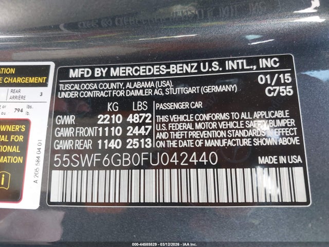Auction sale of the 2015 Mercedes-benz C 400 4matic, vin: 55SWF6GB0FU042440, lot number: 44585529