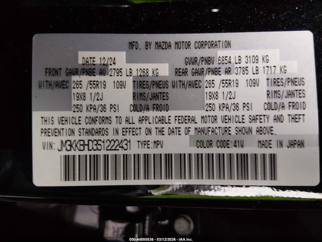 Auction sale of the 2025 Mazda Cx-90 3.3 Turbo Preferred Package, vin: JM3KKBHD3S1222431, lot number: 44585536