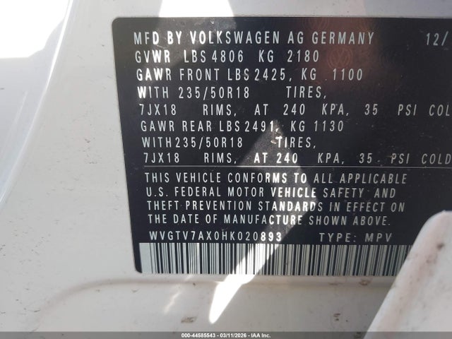 2017 Volkswagen Tiguan 2.0t Sport მანქანა იყიდება აუქციონზე, vin: WVGTV7AX0HK020893, აუქციონის ნომერი: 44585543