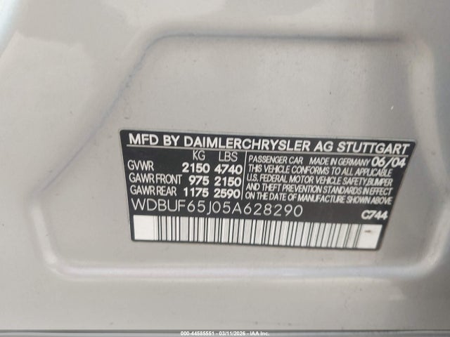 Aukcja sprzedaży 2005 Mercedes-benz E 320, vin: WDBUF65J05A628290, numer aukcji: 44585551