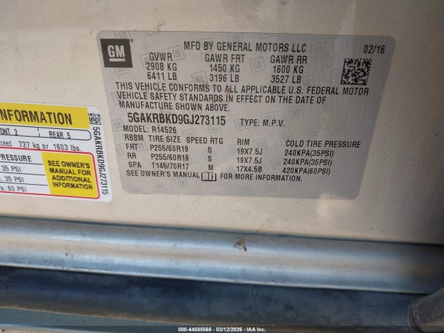 Продажа на аукционе авто 2016 Buick Enclave Leather, vin: 5GAKRBKD9GJ273115, номер лота: 44585568