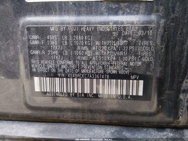Продаж на аукціоні авто 2010 Subaru Outback 2.5i Limited, vin: 4S4BRCKC7A3367478, номер лоту: 44585598