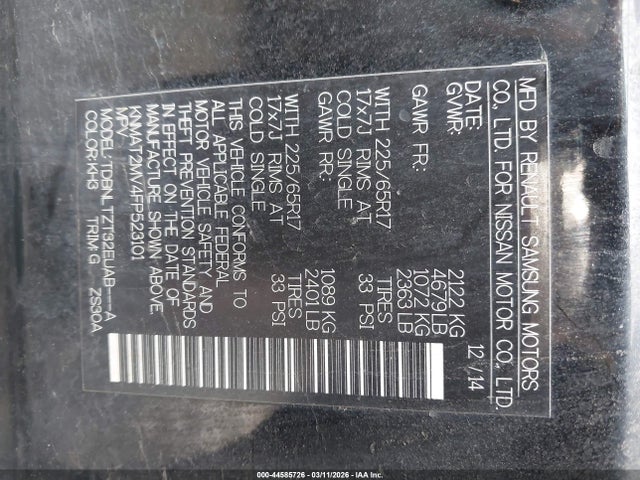 44585726 :رقم المزاد ، KNMAT2MV4FP523101 vin ، 2015 Nissan Rogue Sv مزاد بيع