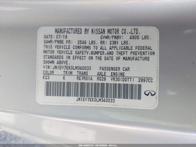 Aukcja sprzedaży 2020 Infiniti Q60 Luxe, vin: JN1EV7EK0LM340033, numer aukcji: 44585733