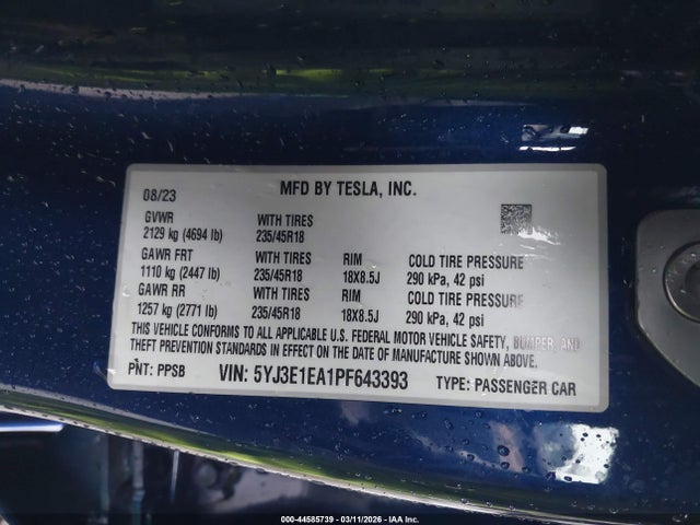 44585739 :رقم المزاد ، 5YJ3E1EA1PF643393 vin ، 2023 Tesla Model 3 Rear-wheel Drive مزاد بيع