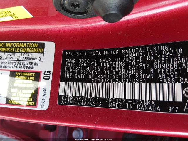 2018 TOYOTA COROLLA 2T1BURHE2JC070351 Photo 8