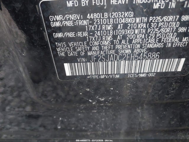 2015 Subaru Forester 2.5i Premium მანქანა იყიდება აუქციონზე, vin: JF2SJADC2FH545886, აუქციონის ნომერი: 44585773
