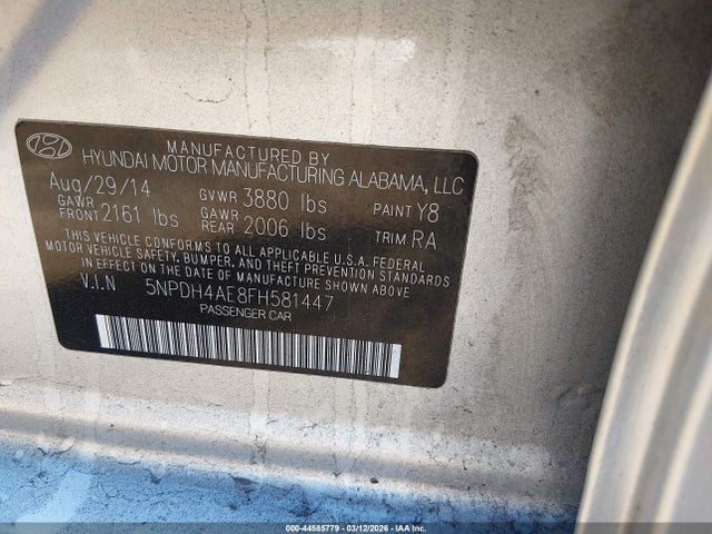 Aukcja sprzedaży 2015 Hyundai Elantra Se, vin: 5NPDH4AE8FH581447, numer aukcji: 44585779