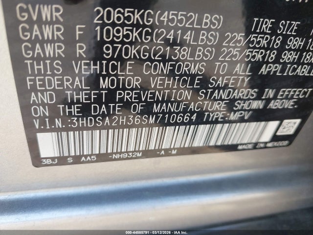 44585791 :رقم المزاد ، 3HDSA2H36SM710664 vin ، 2025 Acura Adx مزاد بيع