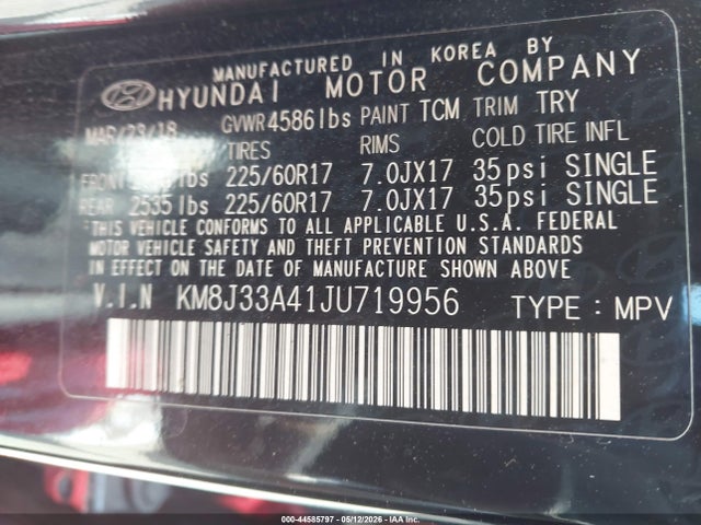 44585797 :رقم المزاد ، KM8J33A41JU719956 vin ، 2018 Hyundai Tucson Sel مزاد بيع