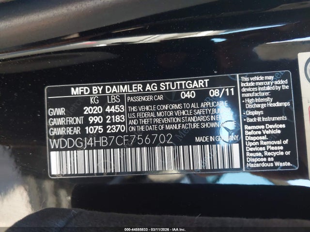 2012 Mercedes-benz C 250 მანქანა იყიდება აუქციონზე, vin: WDDGJ4HB7CF756702, აუქციონის ნომერი: 44585833