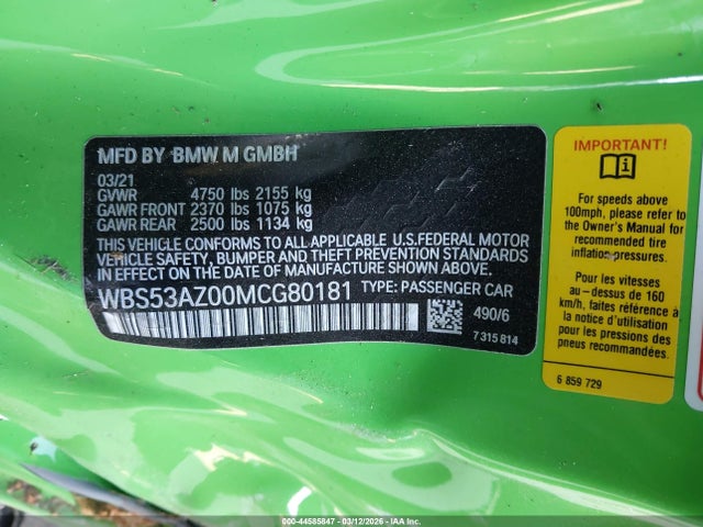 Продажа на аукционе авто 2021 Bmw M4, vin: WBS53AZ00MCG80181, номер лота: 44585847