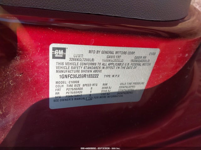 Продажа на аукционе авто 2009 Chevrolet Suburban 1500 Ltz, vin: 1GNFC36J59R183222, номер лота: 44585850