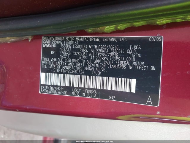 2005 TOYOTA TUNDRA 5TBET34125S481724 Photo 8