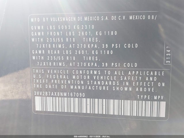 44585862 :رقم المزاد ، 3VV2B7AX8NM167090 vin ، 2022 Volkswagen Tiguan 2.0t Se مزاد بيع