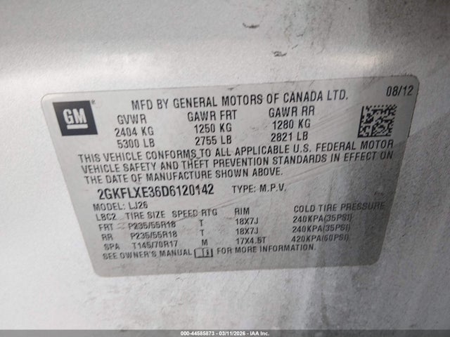 Aukcja sprzedaży 2013 Gmc Terrain Slt-2, vin: 2GKFLXE36D6120142, numer aukcji: 44585873
