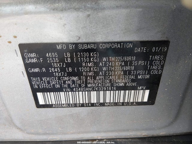 Продаж на аукціоні авто 2019 Subaru Outback 2.5i Limited, vin: 4S4BSANC7K3291816, номер лоту: 44585887