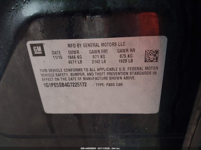 Продажа на аукционе авто 2016 Chevrolet Cruze Limited 1lt Auto, vin: 1G1PE5SB4G7225172, номер лота: 44585909