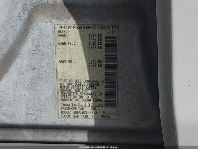 2016 Nissan Altima 2.5 Sr მანქანა იყიდება აუქციონზე, vin: 1N4AL3AP5GC132520, აუქციონის ნომერი: 44585918