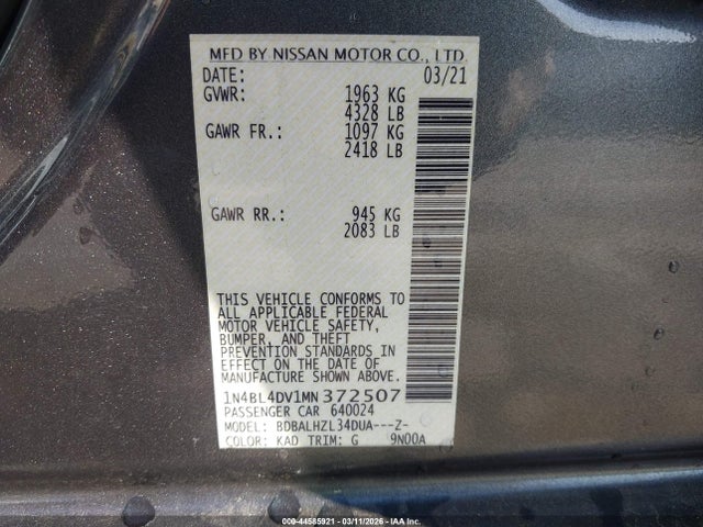 1N4BL4DV1MN372507 Nissan Altima Sv Fwd