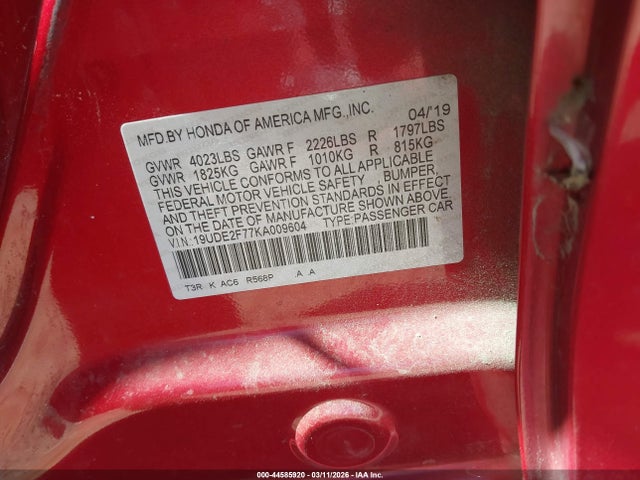 44585920 :رقم المزاد ، 19UDE2F77KA009604 vin ، 2019 Acura Ilx Premium Package/technology Package مزاد بيع