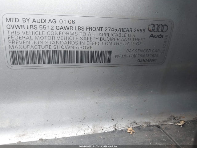 44585925 :رقم المزاد ، WAUKH74F76N132626 vin ، 2006 Audi A6 3.2 Avant مزاد بيع