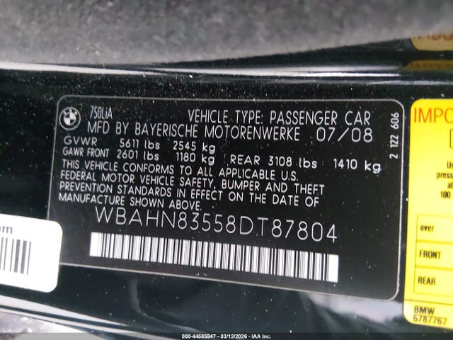 2008 Bmw 750li მანქანა იყიდება აუქციონზე, vin: WBAHN83558DT87804, აუქციონის ნომერი: 44585947