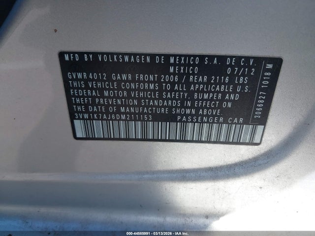 44585991 :رقم المزاد ، 3VW1K7AJ6DM211153 vin ، 2013 Volkswagen Jetta 2.0l S مزاد بيع