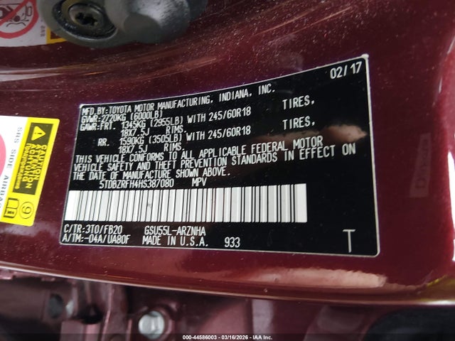 Toyota Highlander Le 2017 5TDBZRFH4HS387080 Image 9