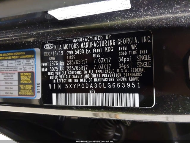 2020 Kia Sorento 2.4l Lx მანქანა იყიდება აუქციონზე, vin: 5XYPGDA30LG663951, აუქციონის ნომერი: 44586039