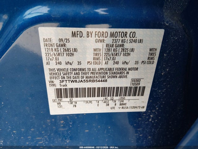 44586046 :رقم المزاد ، 3FTTW8JA5SRB54448 vin ، 2025 Ford Maverick Xlt مزاد بيع