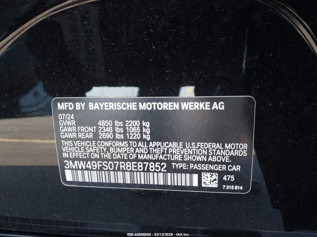 Продажа на аукционе авто 2024 Bmw M340i, vin: 3MW49FS07R8E87852, номер лота: 44586088